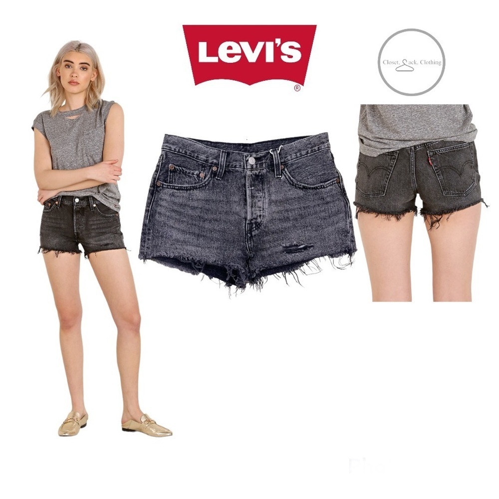 LEVI'S 501  Black distressed button fly raw hem denim shorts Size 28
